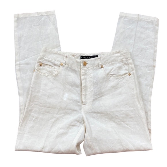 Ralph Lauren Black Label White 100% Linen Straight Leg Pants Gold Women's size 4